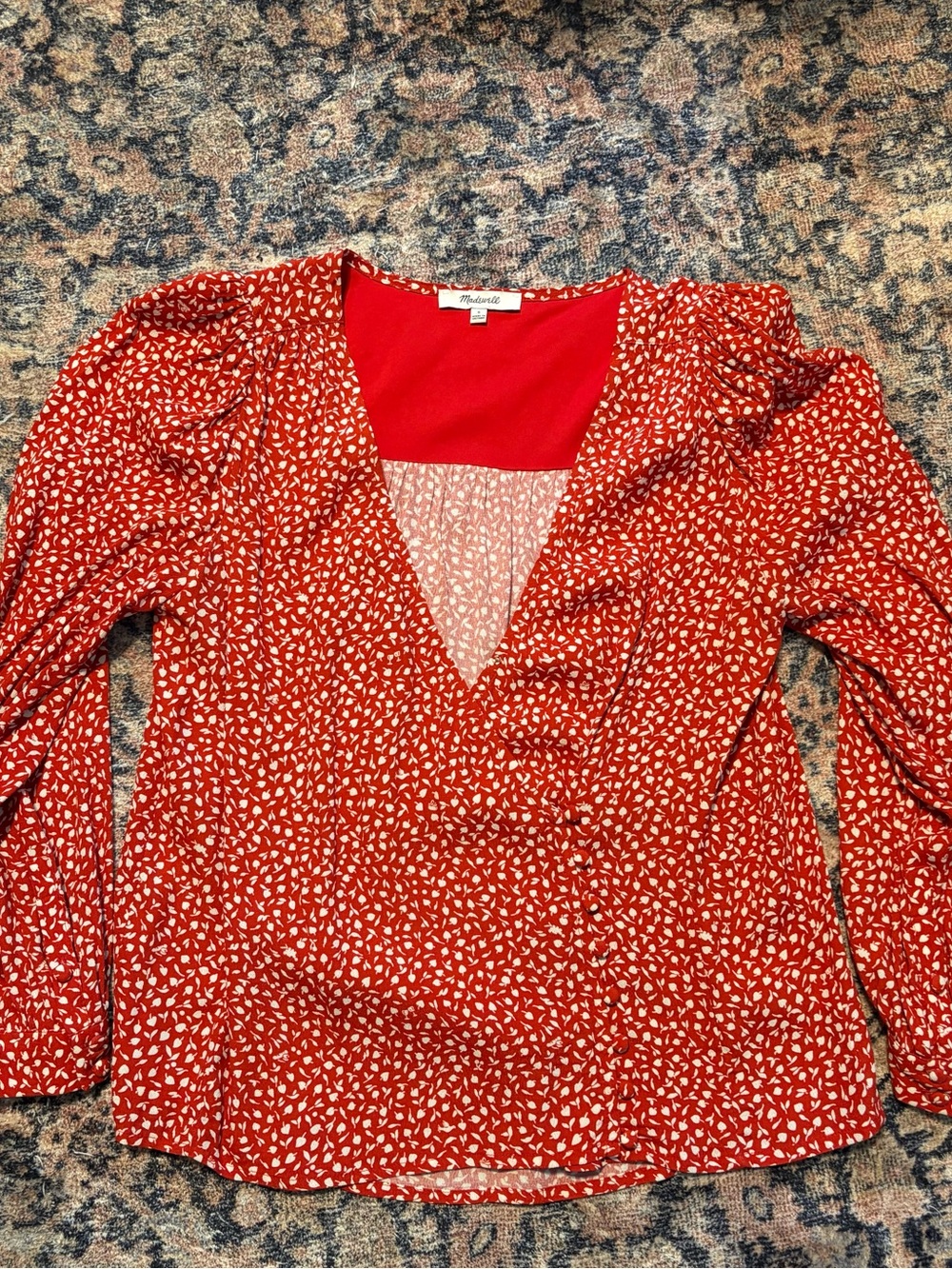 Madewell Red Printed V-Neck Ruffle Blouse